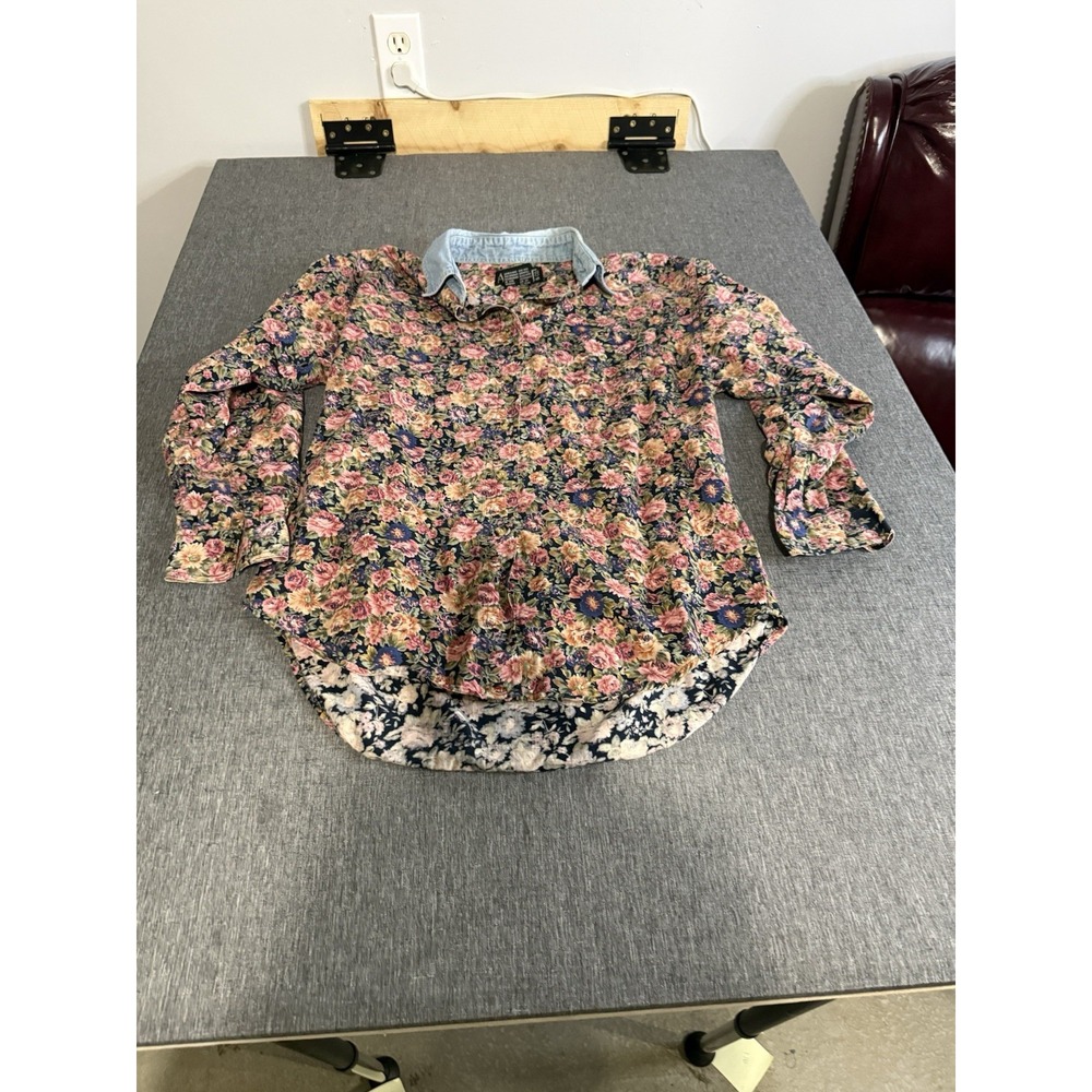VTG At Last Shirt Top Women M Floral Button Down Long-Sleeve Denim Collar 90's